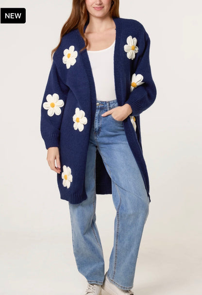 LOVELY LONG NAVY FLOWER CARDI