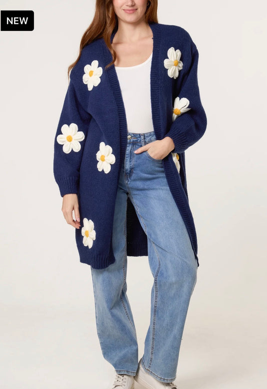 LOVELY LONG NAVY FLOWER CARDI